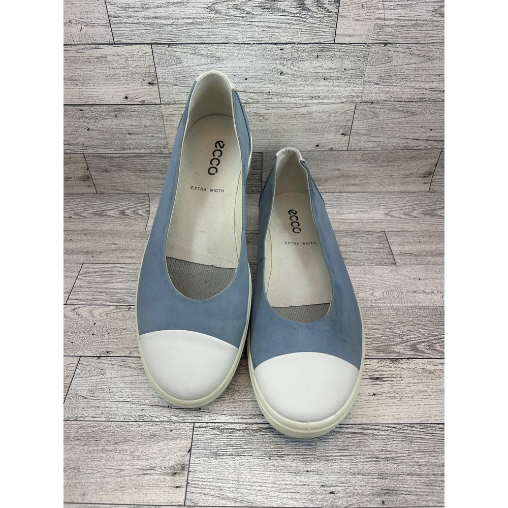 Ecco Soft 7 Women Blue White Leather Cap Toe Ballet Flats Extra Width Size 10